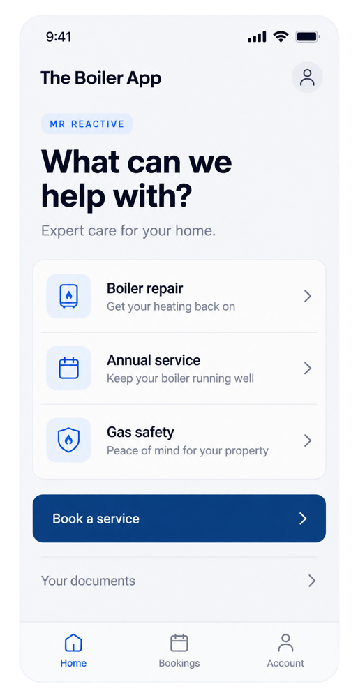 Designed app preview showing boiler repair, annual service, gas safety and documents